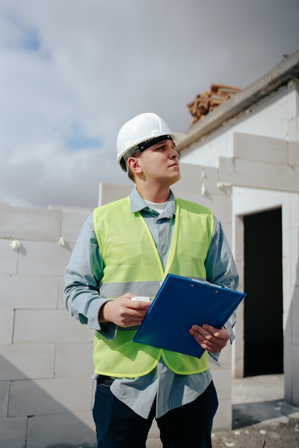 Inspecteur avec casque et clipboard vérifiant la conformité