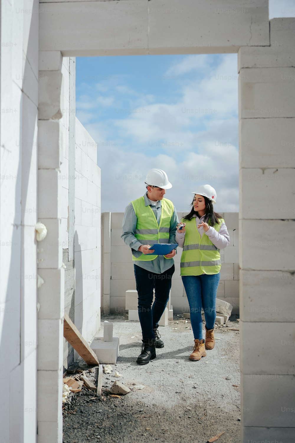 a man and a woman walk through a construction site
