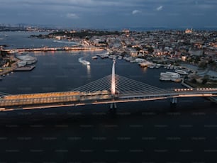 an aerial view of a bridge over a body of water