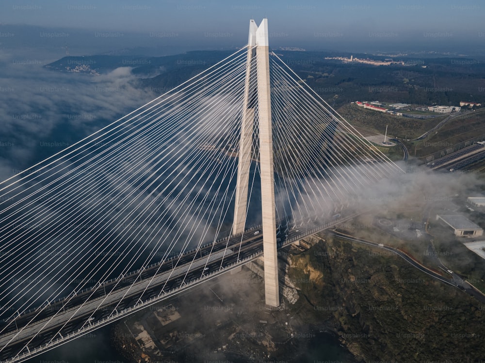 an aerial view of a bridge in the sky