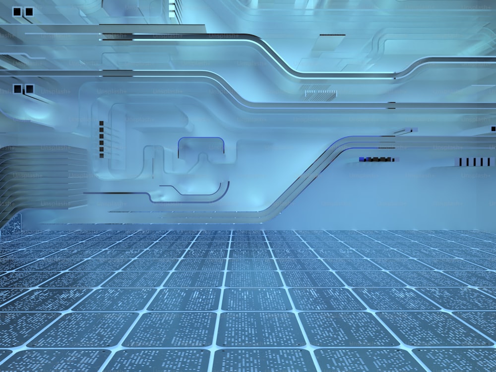 Una stanza futuristica con pavimento blu e pareti bianche
