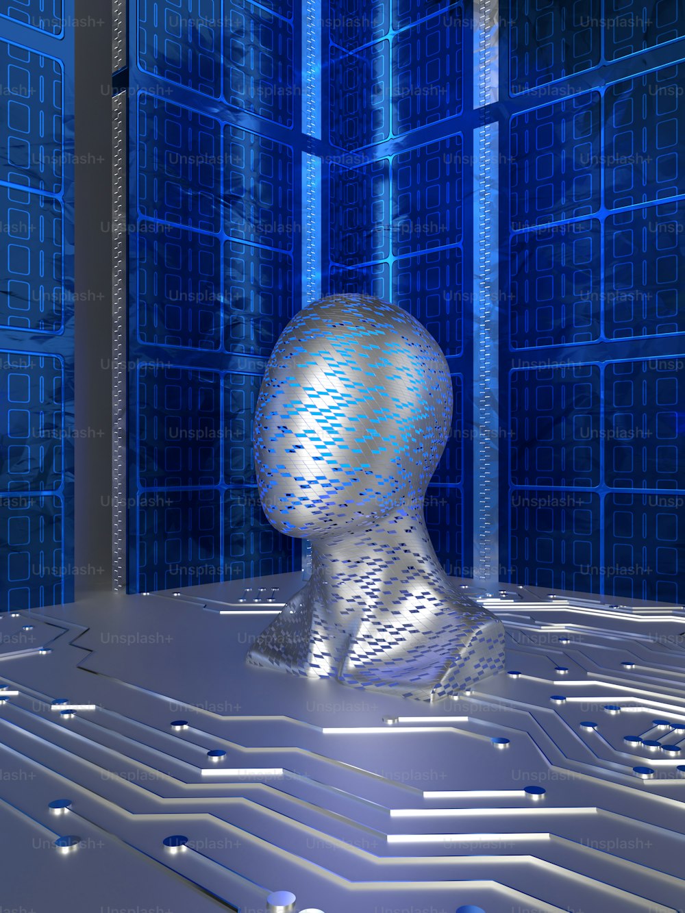 une image générée par ordinateur de la tête d’une personne devant une carte de circuit imprimé
