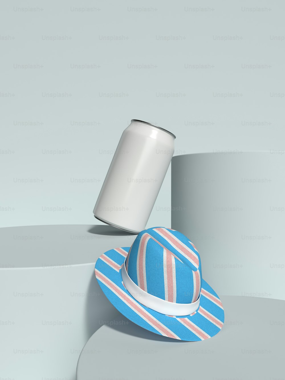 a hat and a can on a table