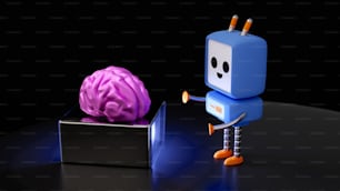 Un robot blu è accanto a un cervello rosa