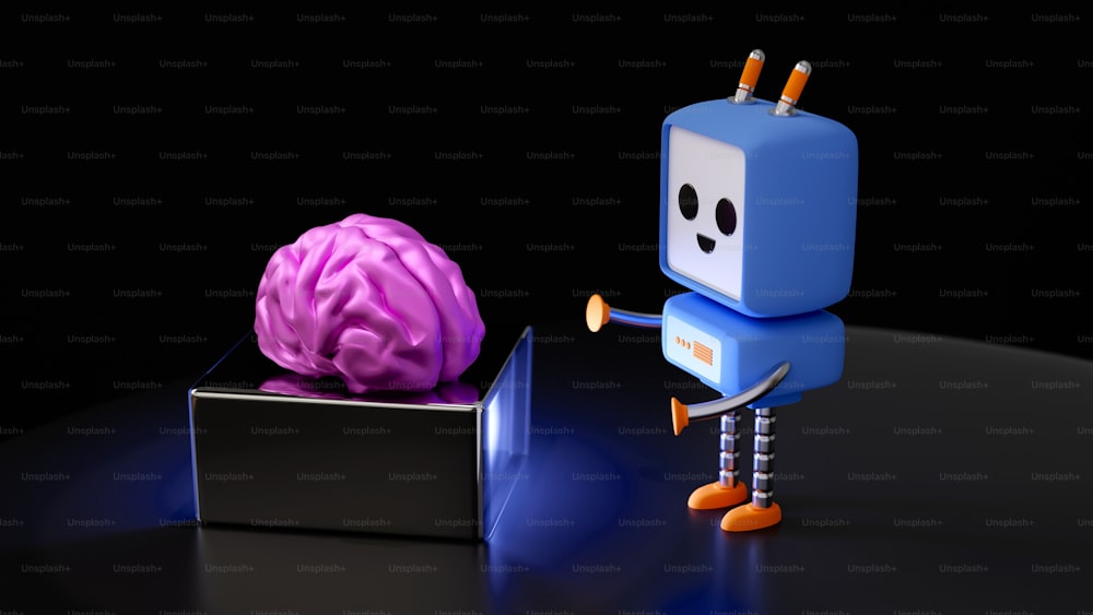 Un robot azul está al lado de un cerebro rosa