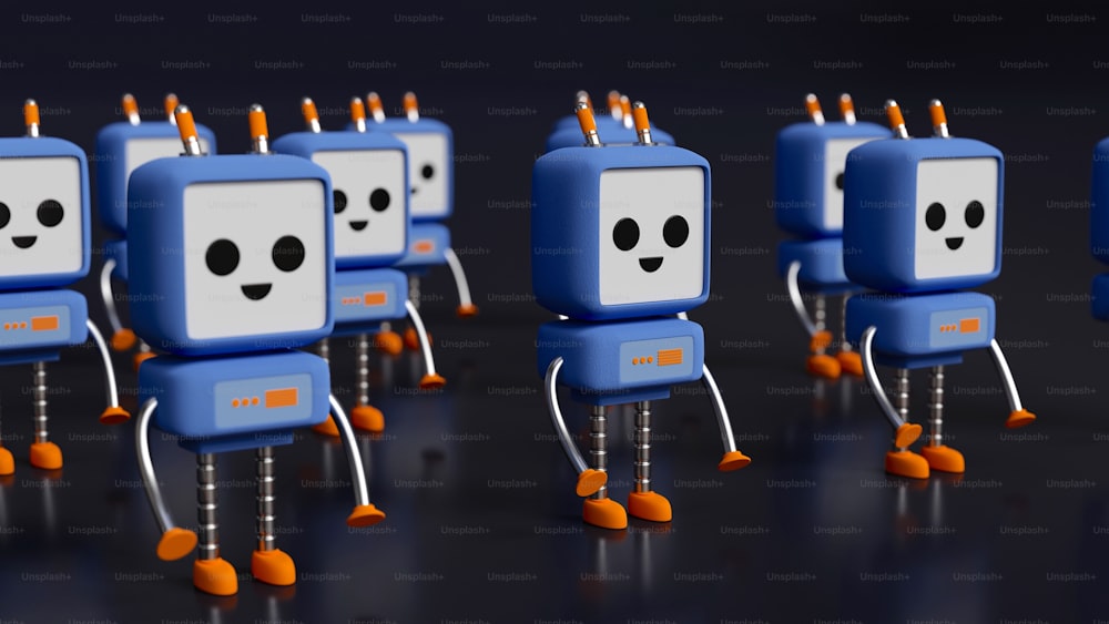 a group of blue and white robots with orange feet