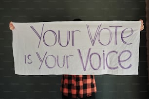 a person holding a sign that says your vote is your voice