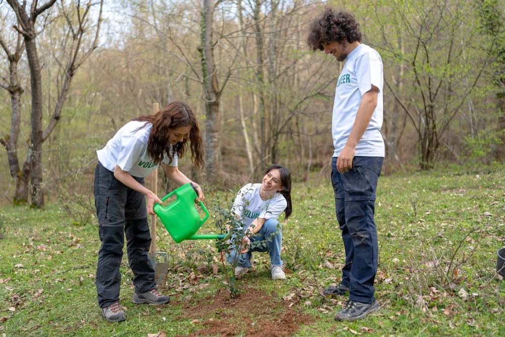 a group of people standing around a tree