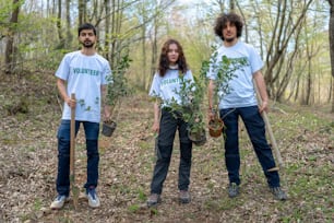 three people standing in the woods holding trees