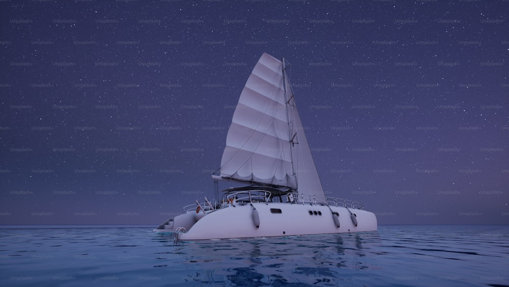 una barca a vela bianca che galleggia sulla cima di uno specchio d'acqua