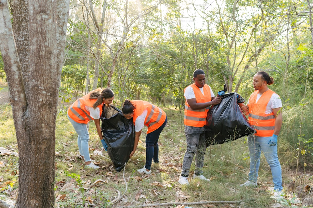 a group of people picking up trash in the woods