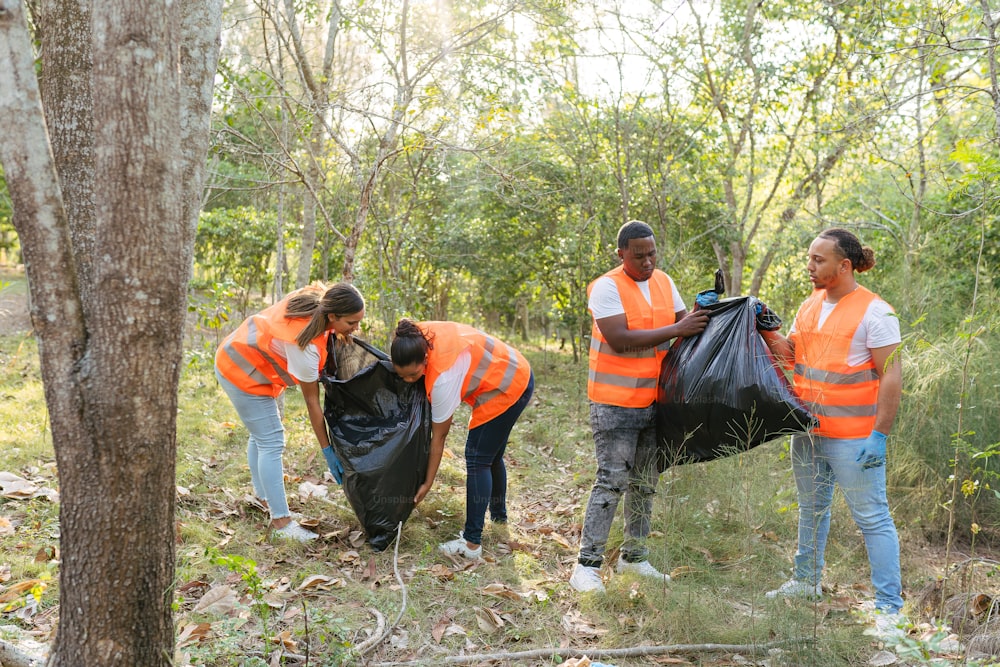 a group of people picking up trash in the woods