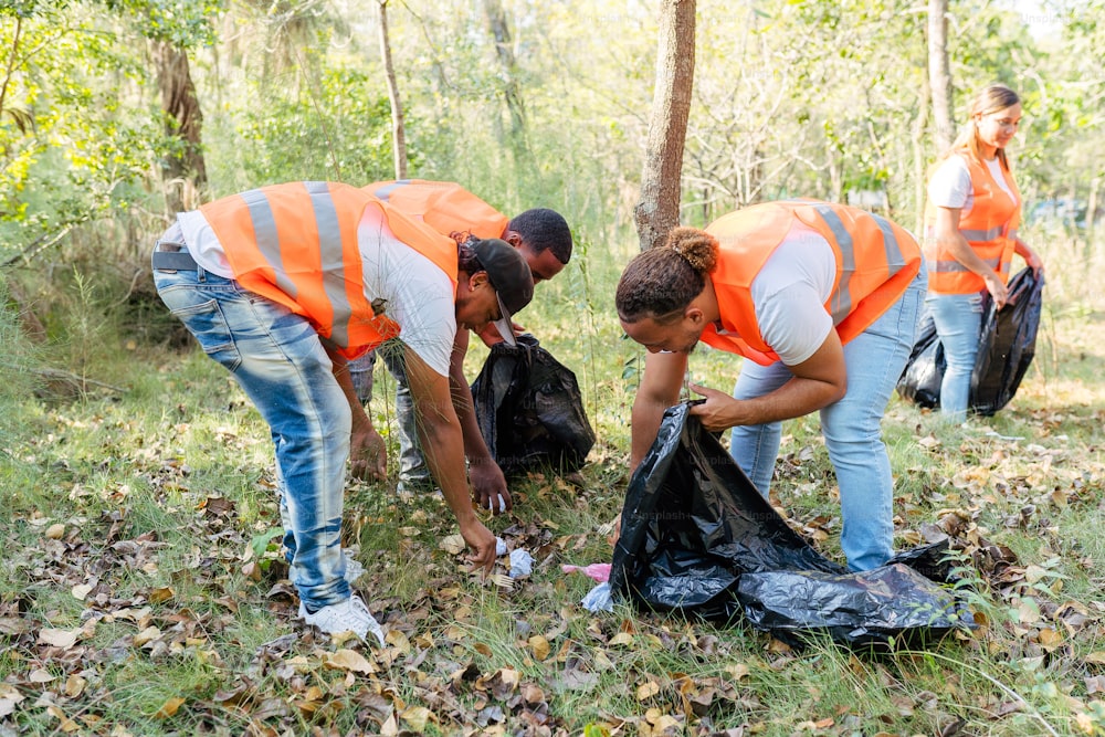 a group of people picking up trash in the woods