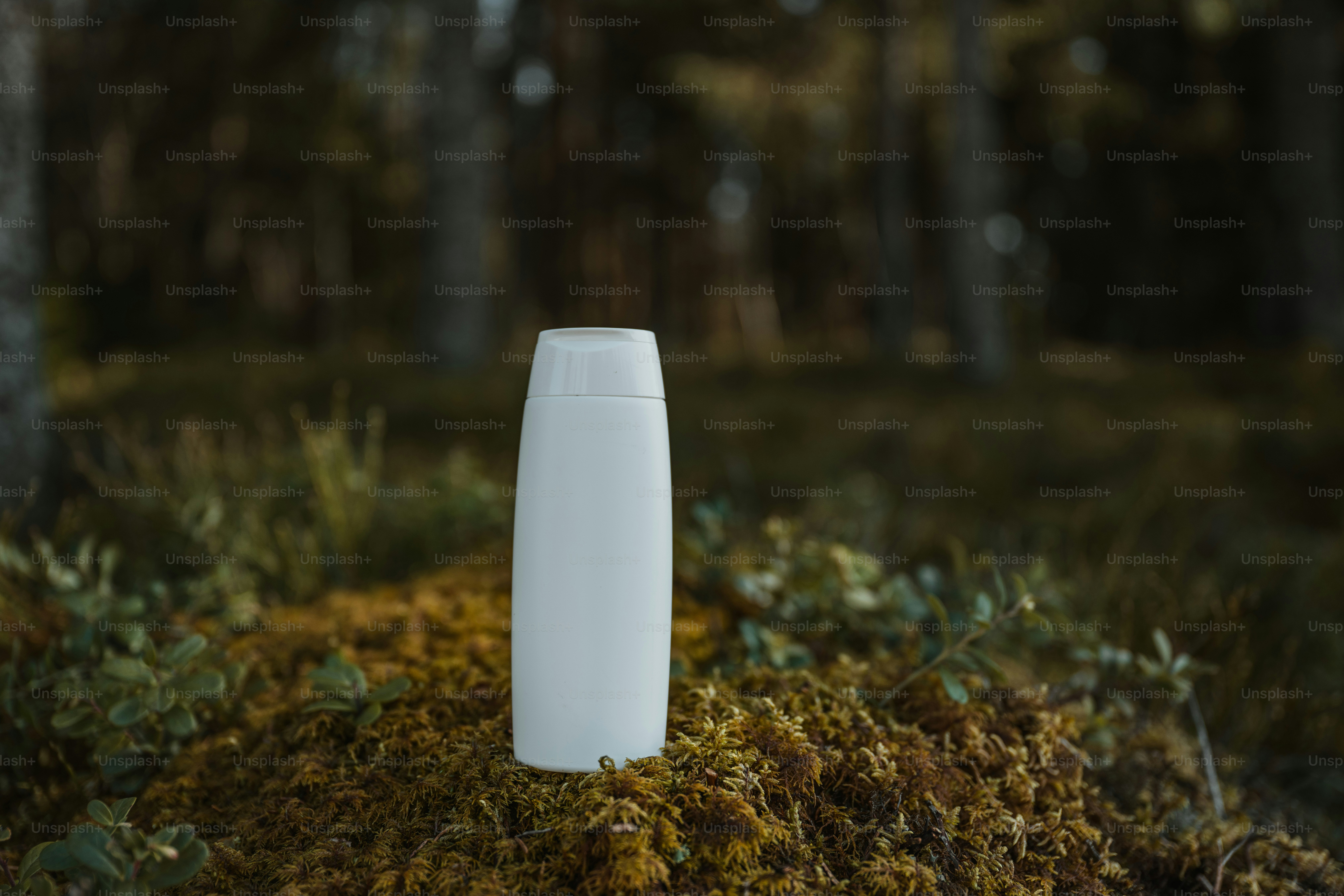 a white vase sitting on top of a moss covered ground