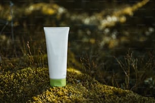 a tube of cream sitting on top of a moss covered ground