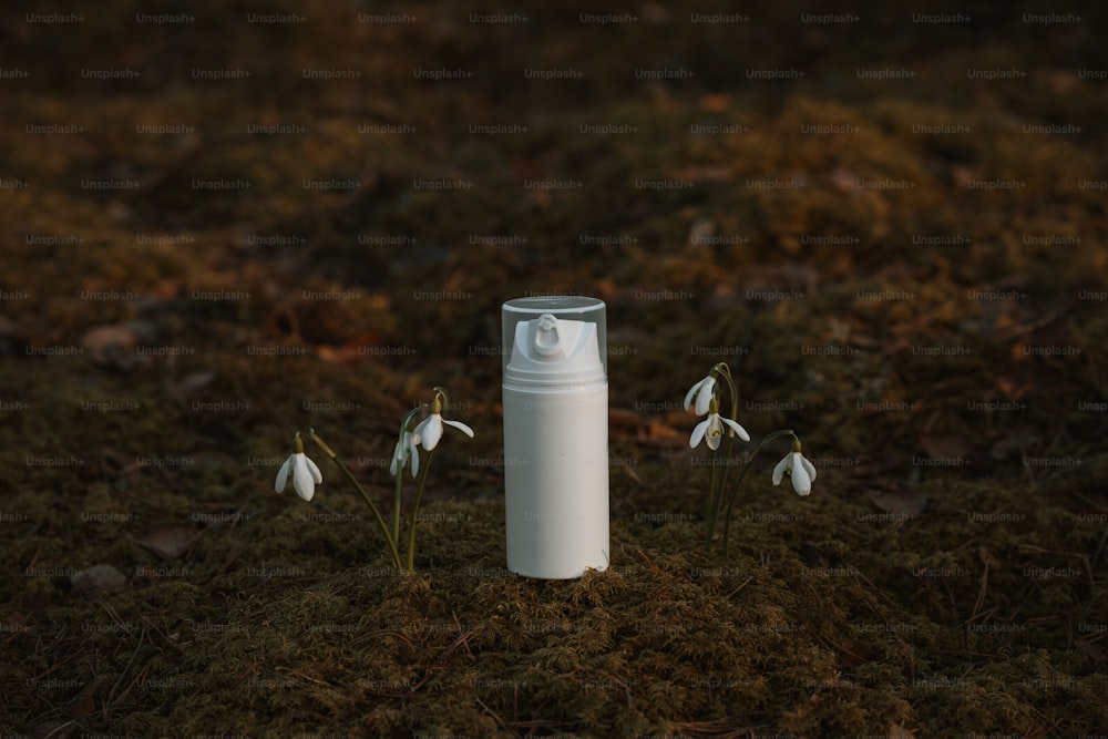 un flacone spray bianco seduto in cima a un campo coperto di erba