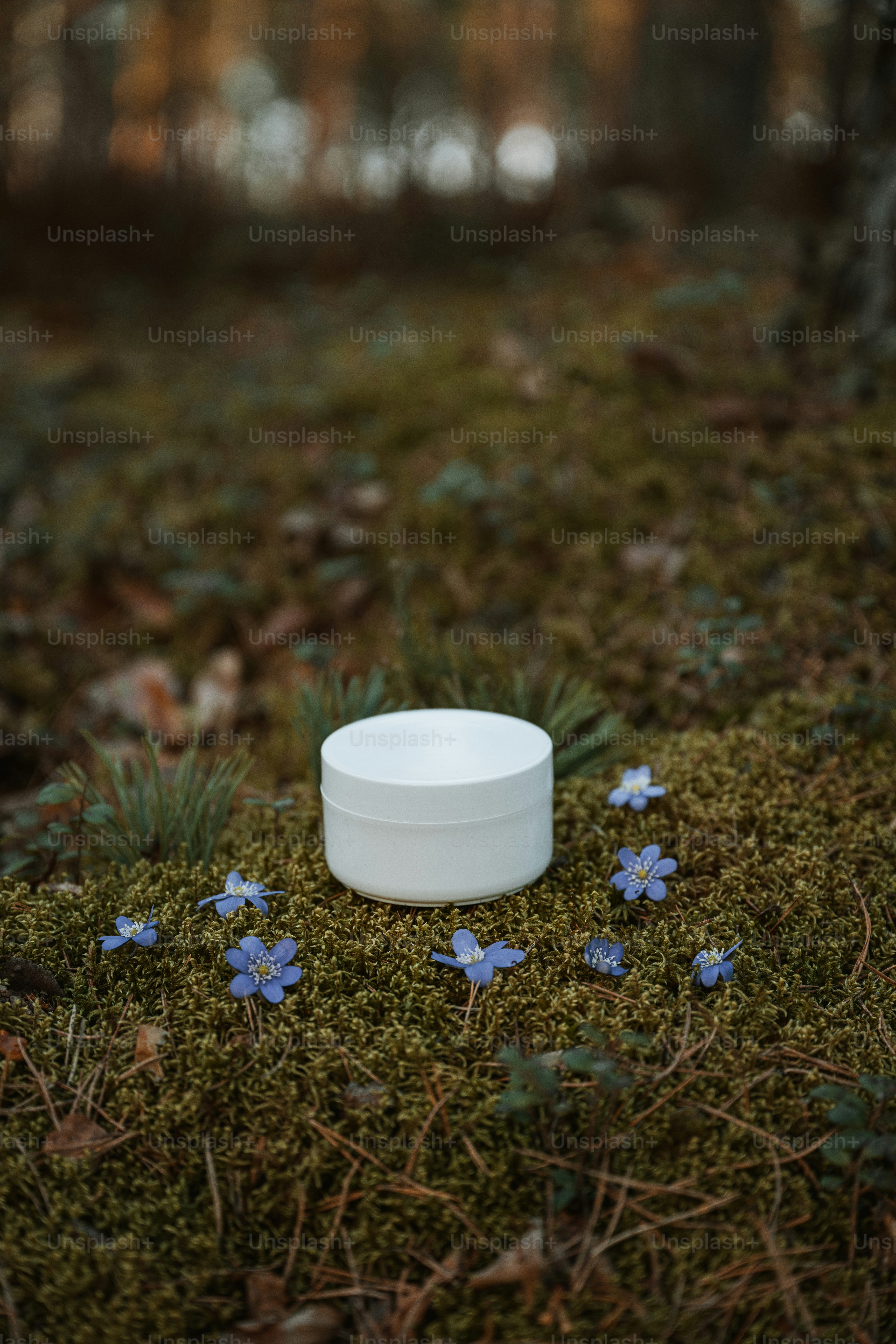 a white bowl sitting on top of a lush green field