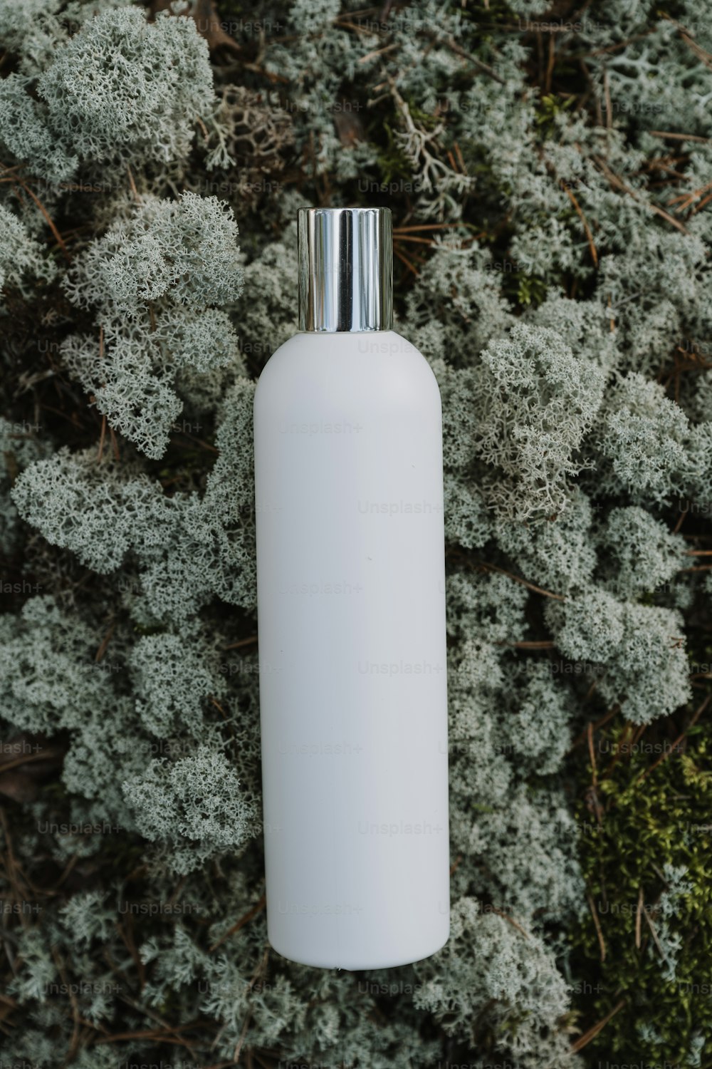 a white bottle sitting on top of a lush green field