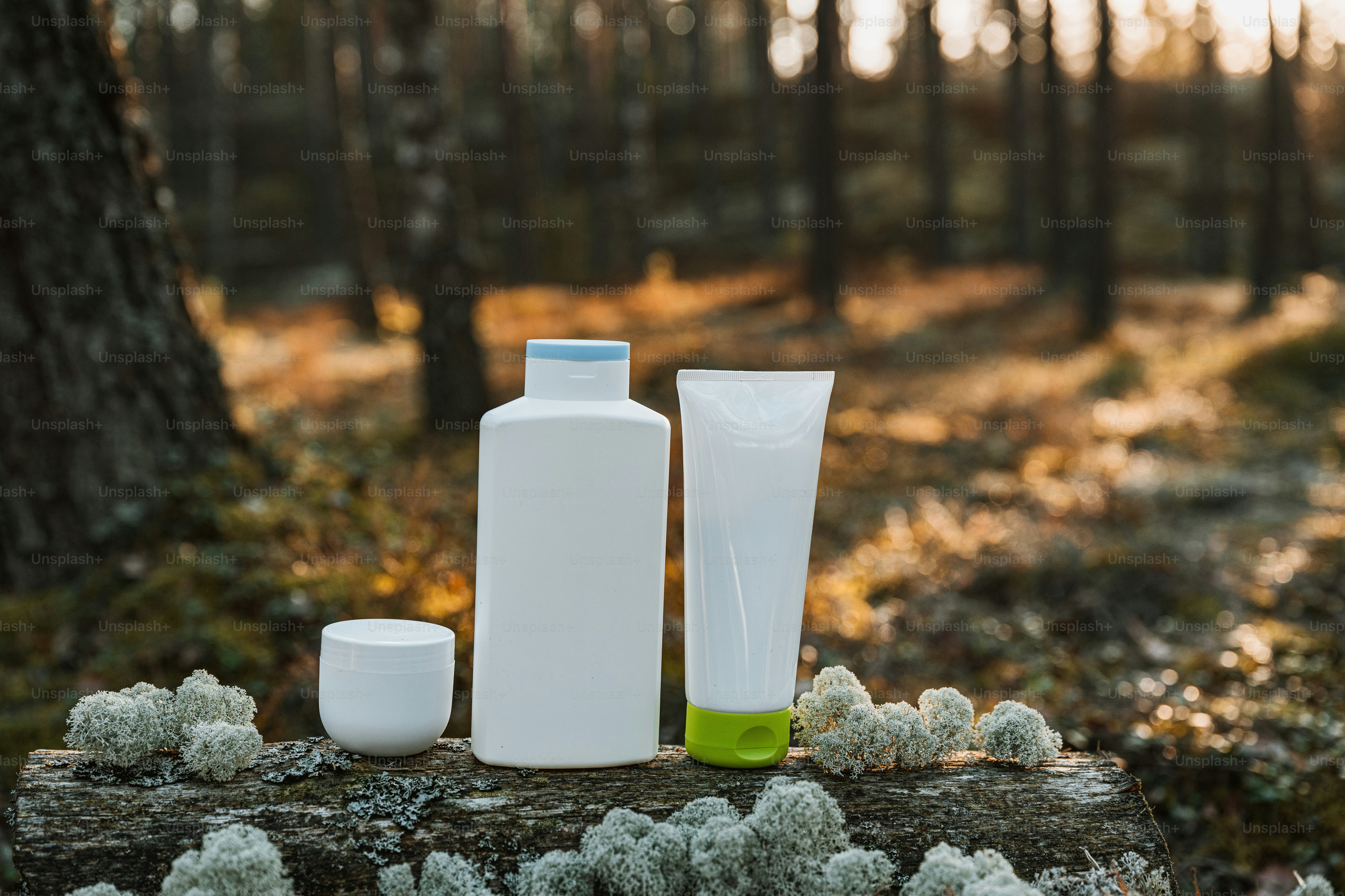a couple of bottles sitting on top of a tree stump