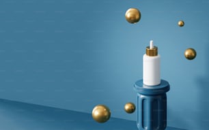 a blue and white object with gold balls flying around it
