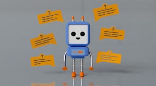 Ein blauer Roboter mit einem Smiley, umgeben von gelben Sprechblasen