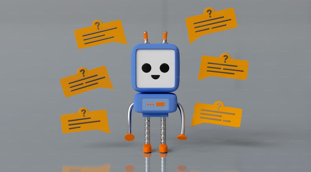 a blue robot with a smiley face surrounded by yellow speech bubbles