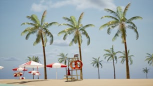 a lifeguard chair on a beach with palm trees