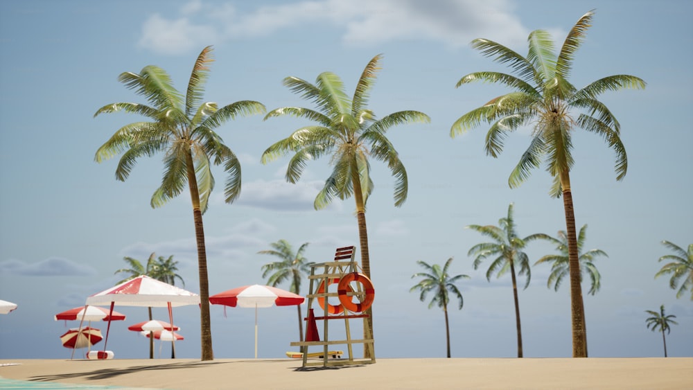 Una silla salvavidas en una playa con palmeras