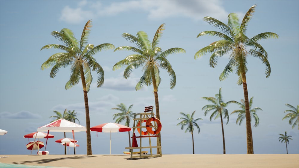 a lifeguard chair on a beach with palm trees