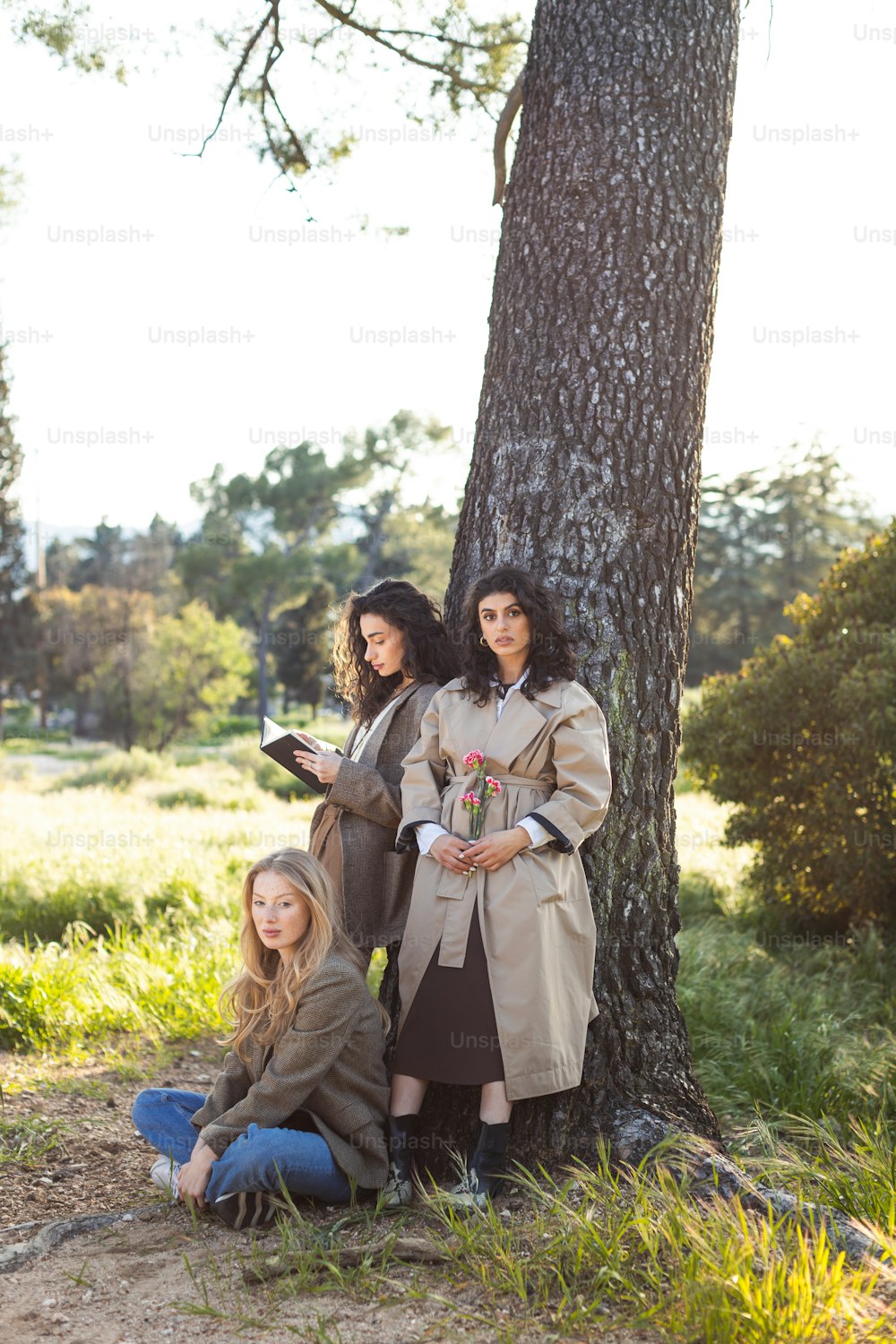 a group of women sitting next to a tree