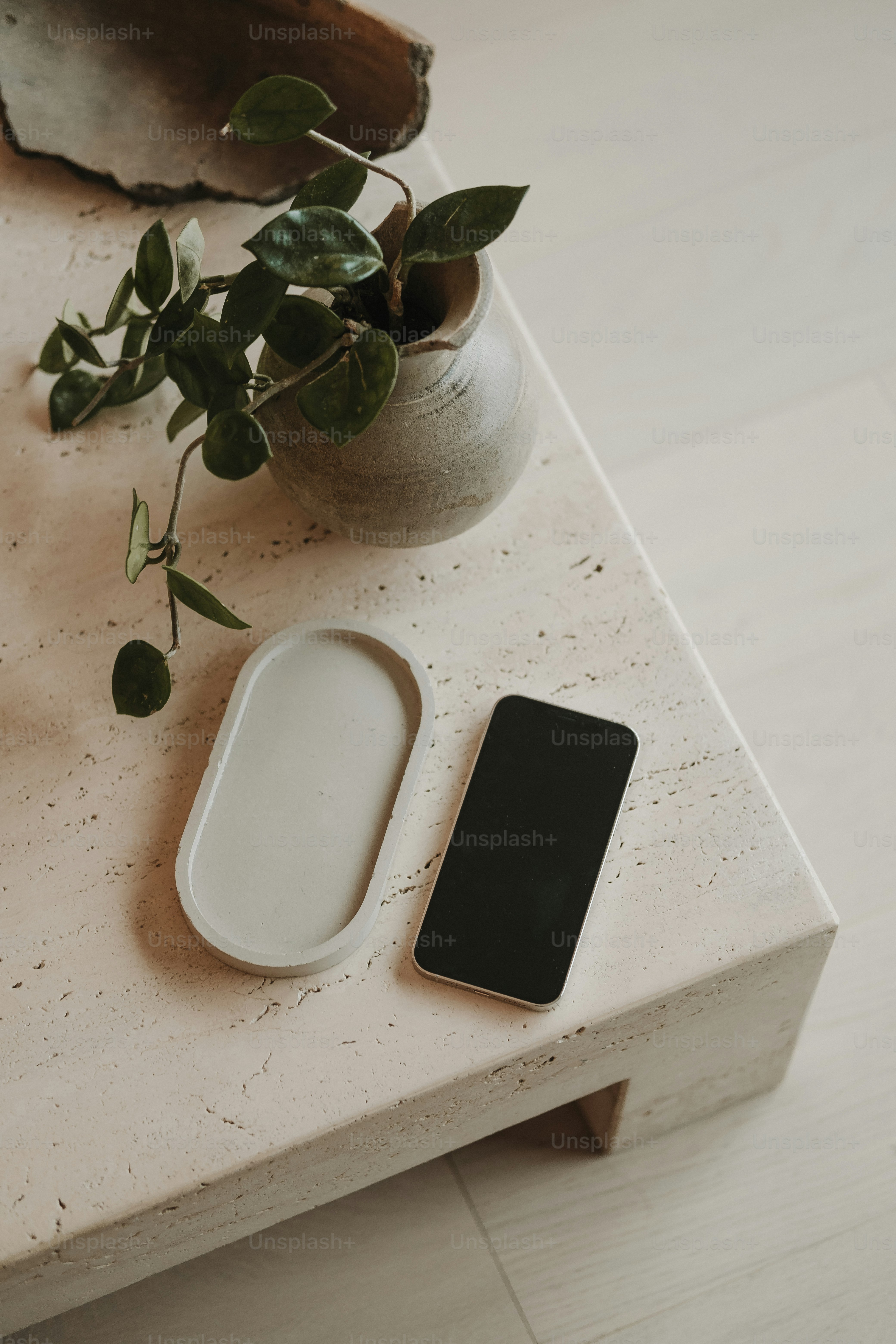 a cell phone sitting on top of a table next to a plant