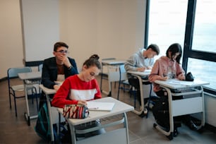 a group of people sitting at desks in a classroom