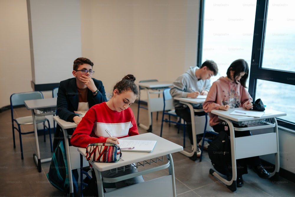 a group of people sitting at desks in a classroom