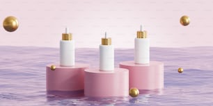 a group of three pink and white candles floating in the water