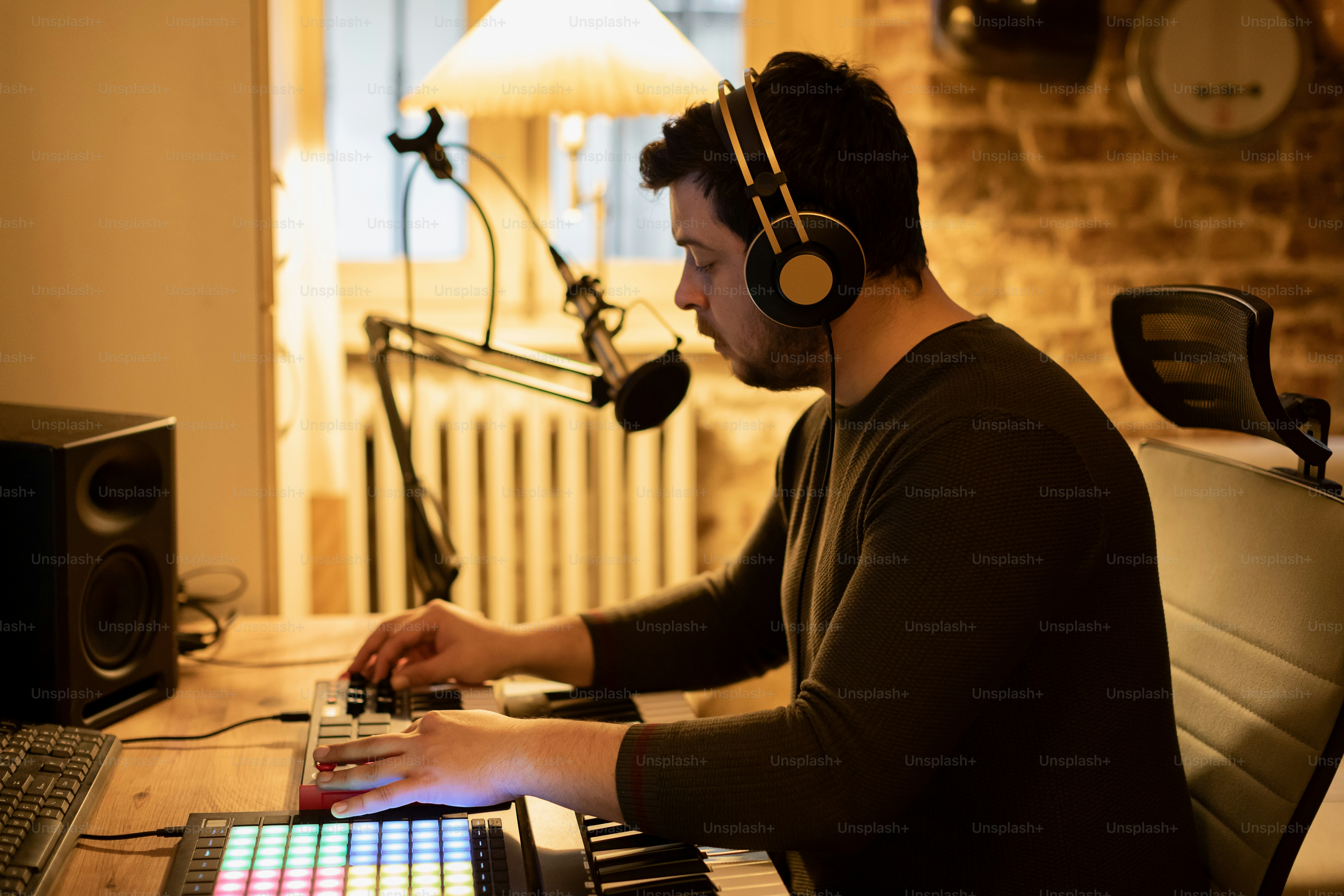 a man wearing headphones sitting in front of a laptop computer