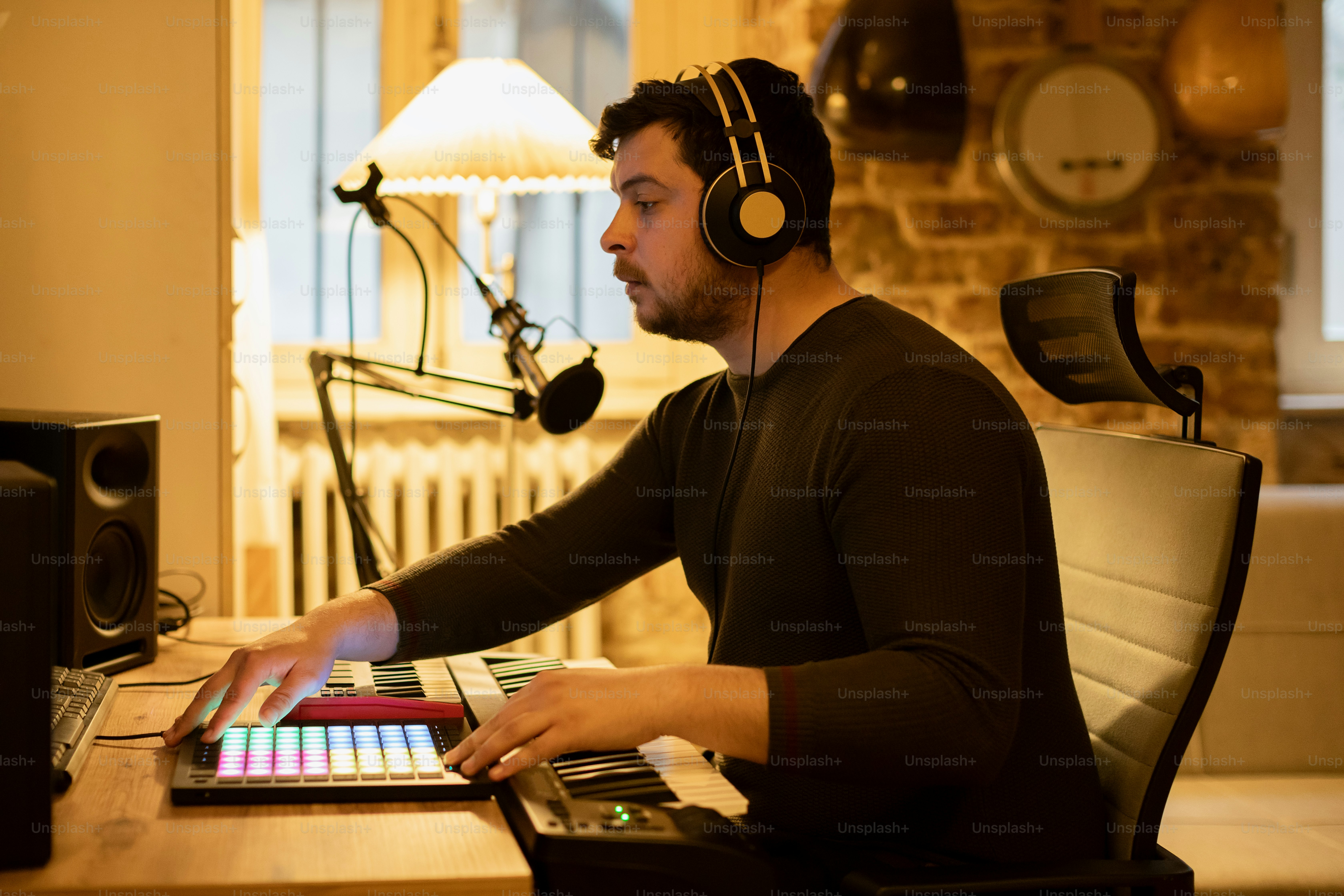 a man sitting at a desk with headphones on