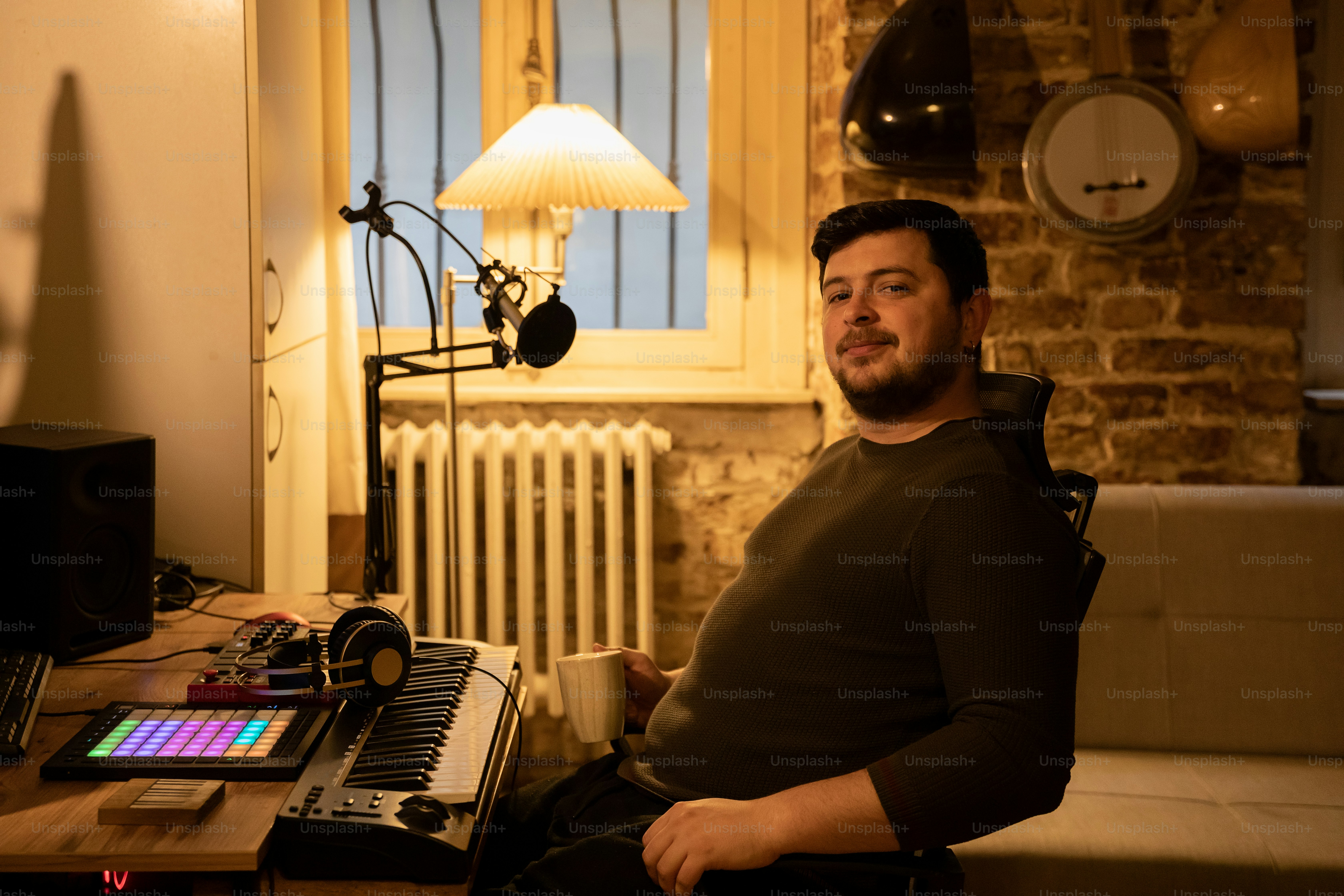 a man sitting on a couch next to a keyboard
