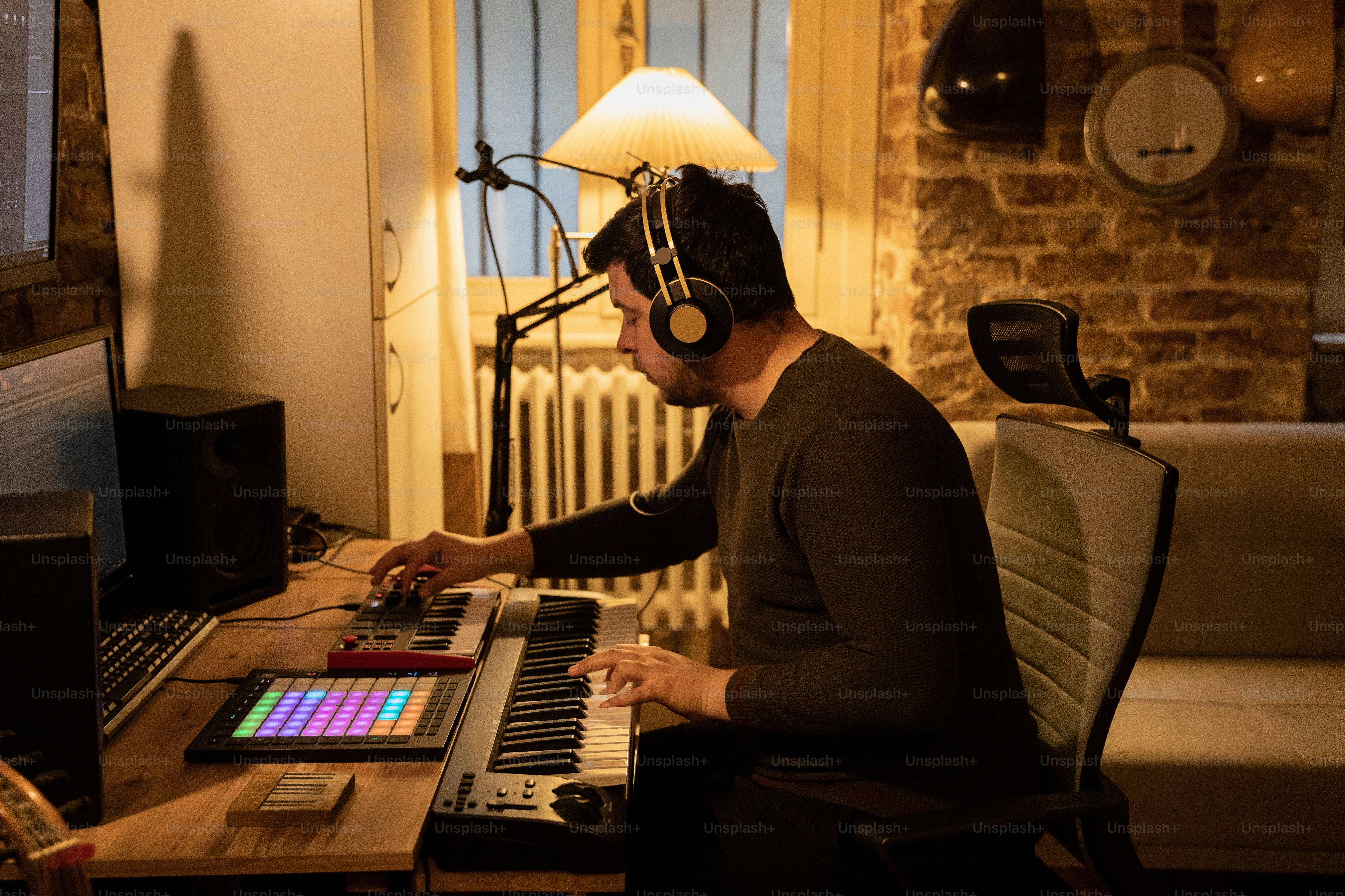 a man sitting at a desk with headphones on