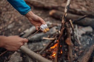 eine Person, die Marshmallows über einem Lagerfeuer röstet
