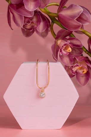 a close up of a flower and a necklace
