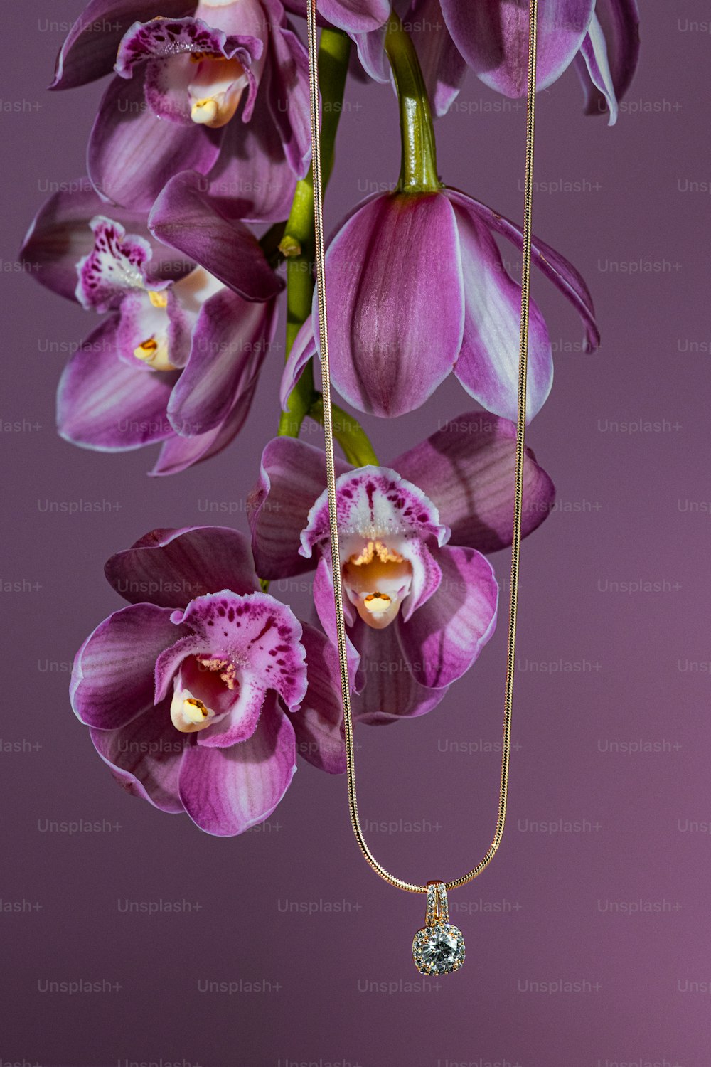 a bunch of purple flowers hanging from a gold chain