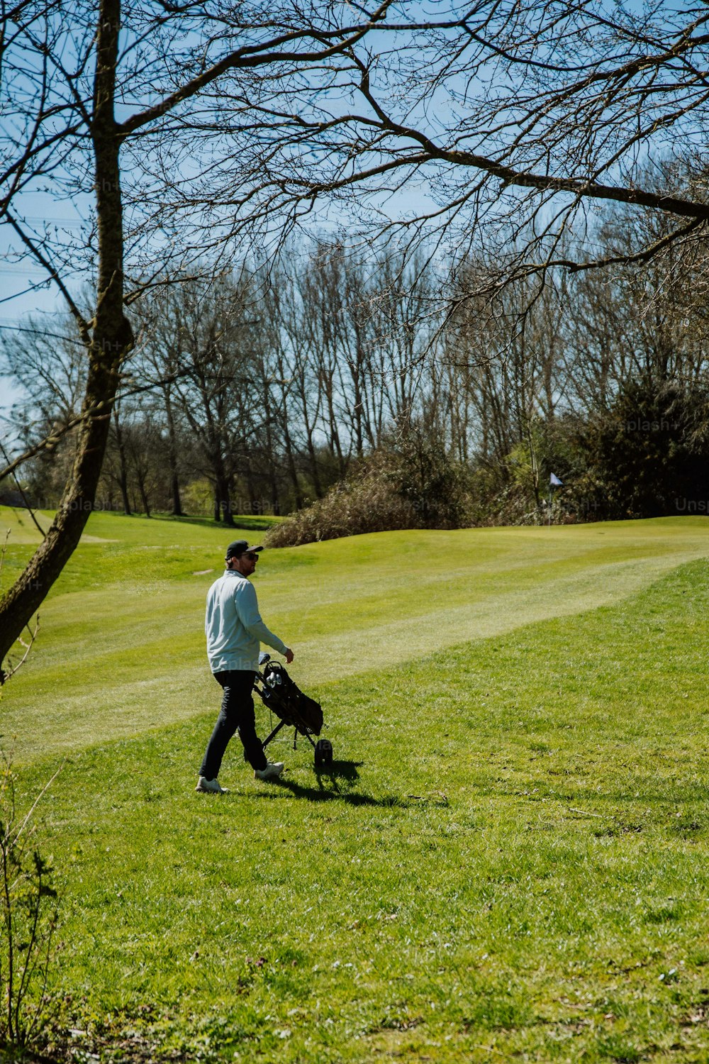 um homem que caminha com um cão em um parque