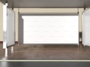 an empty room with a large white screen
