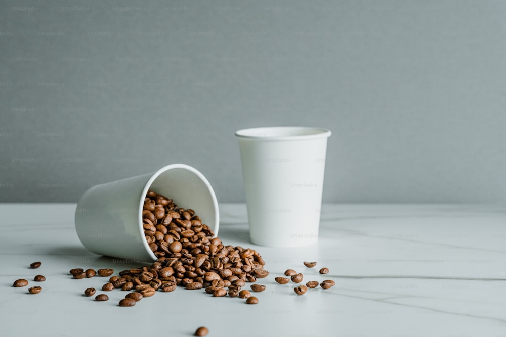 eine weiße Tasse gefüllt mit Kaffeebohnen neben einer weißen Tasse