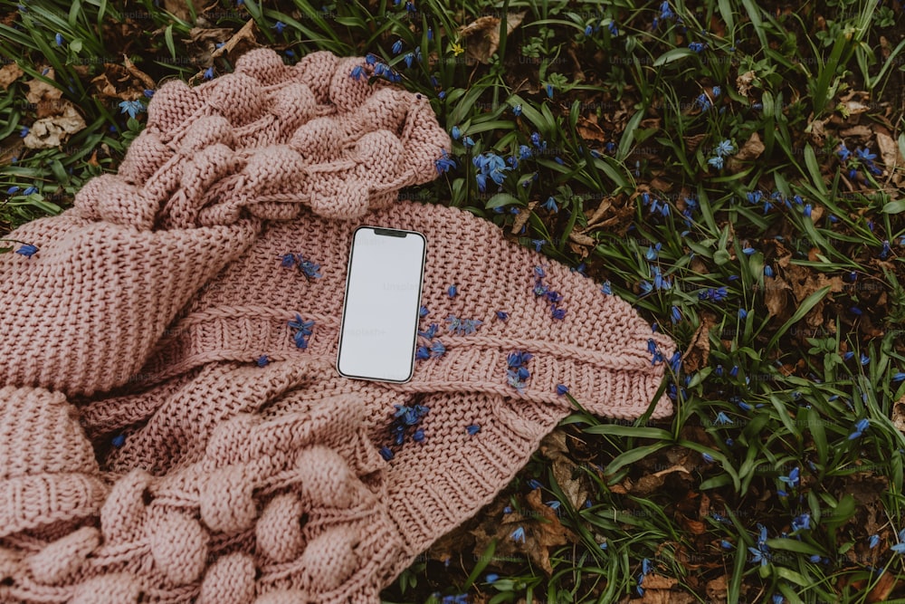 草むらの毛布の上に置かれた携帯電話