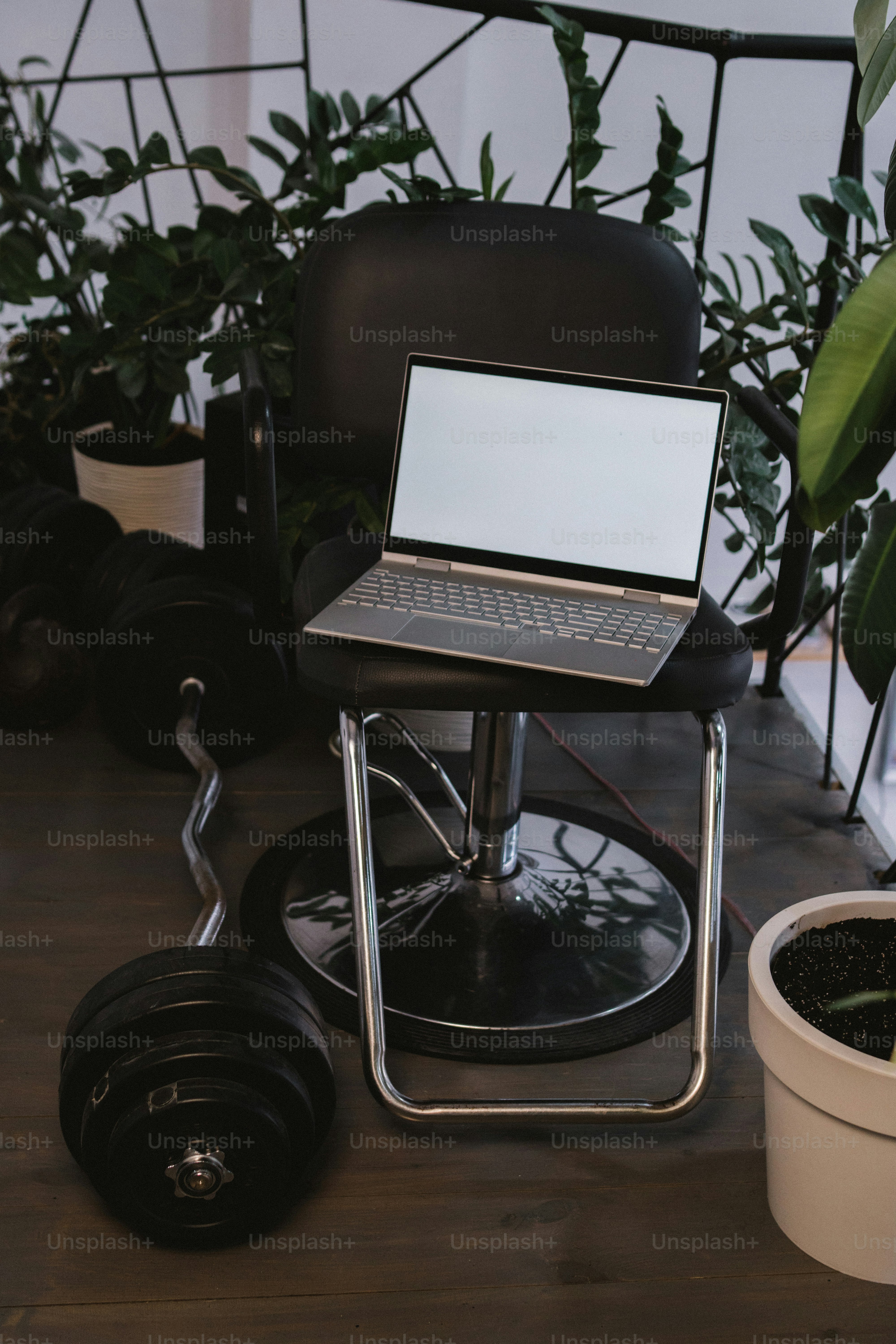 un ordinateur portable posé sur une chaise à côté d’une plante en pot