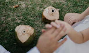 a person sitting on the ground next to two pieces of wood