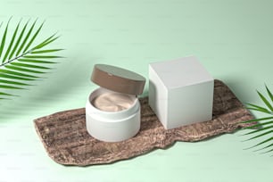 a container of cream sitting on top of a wooden tray