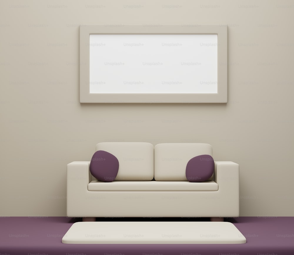 a living room with a white couch and purple pillows