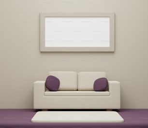 白いソファと紫色の枕のあるリビングルーム